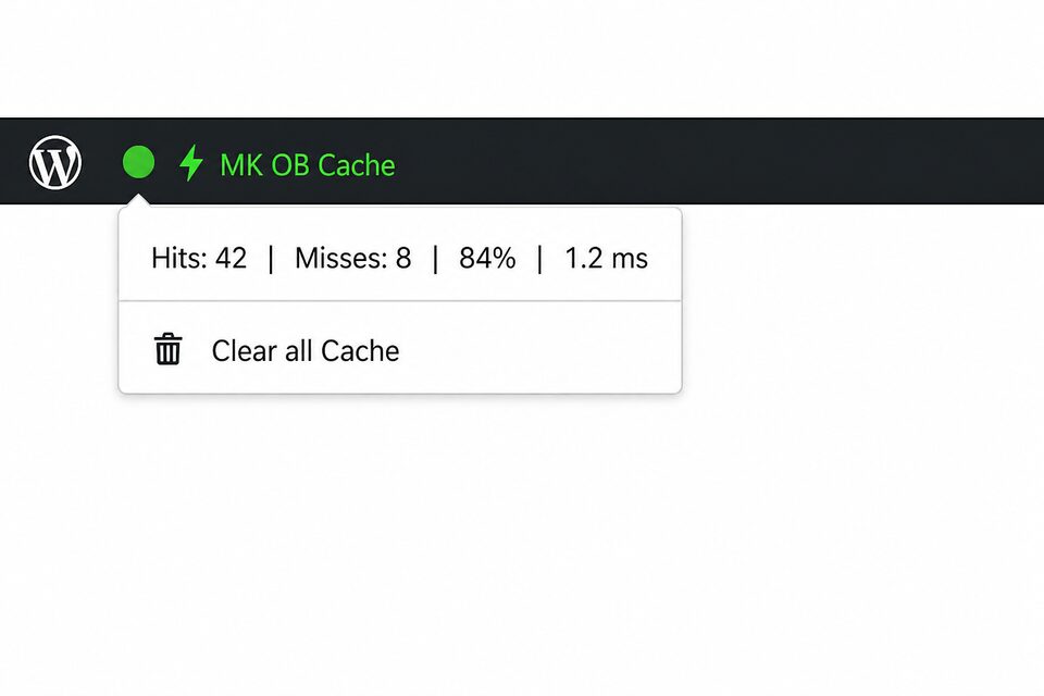 WordPress toolbar: MK OB Cache — request stats and flush Redis for this site.